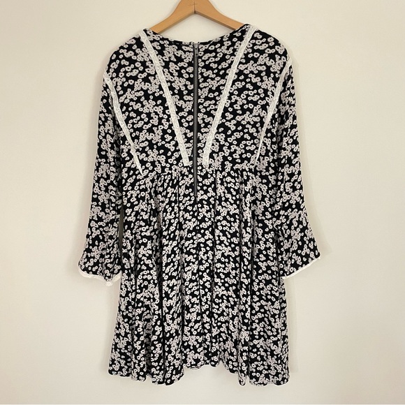 Free people long sleeve floral tunic mini dress black lace flowy boho large - Picture 5 of 7
